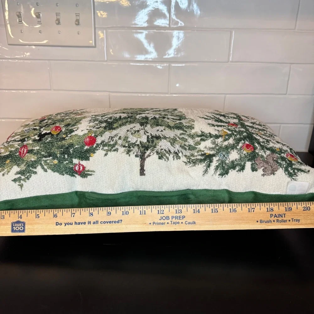OEKO-TEX Christmas Tree Lumbar Pillow 20x12 Green Red Woven Tapestry Velvet Back